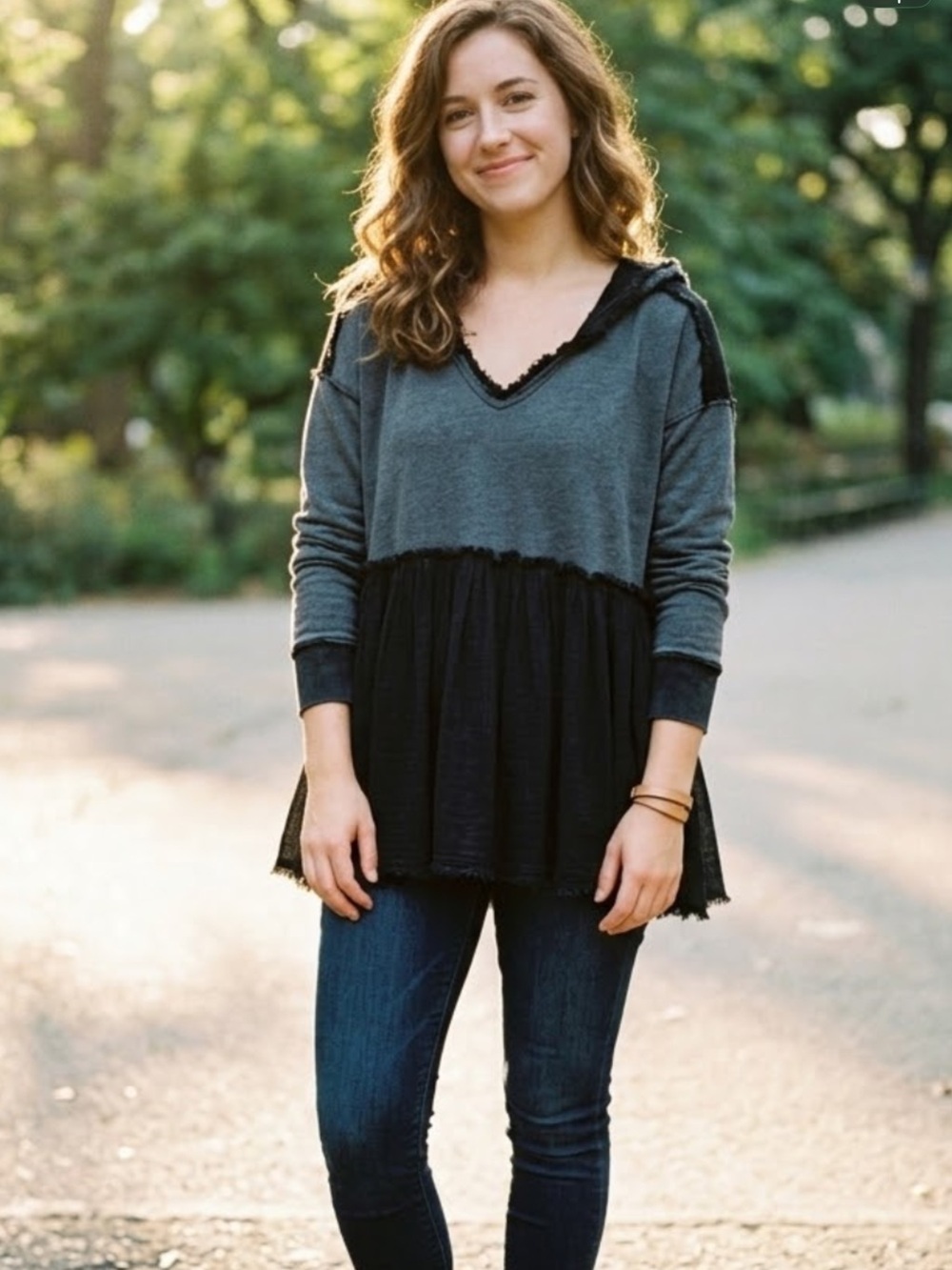 Free People Two-Tone V-Neck Peplum Tunic - Gray & Black